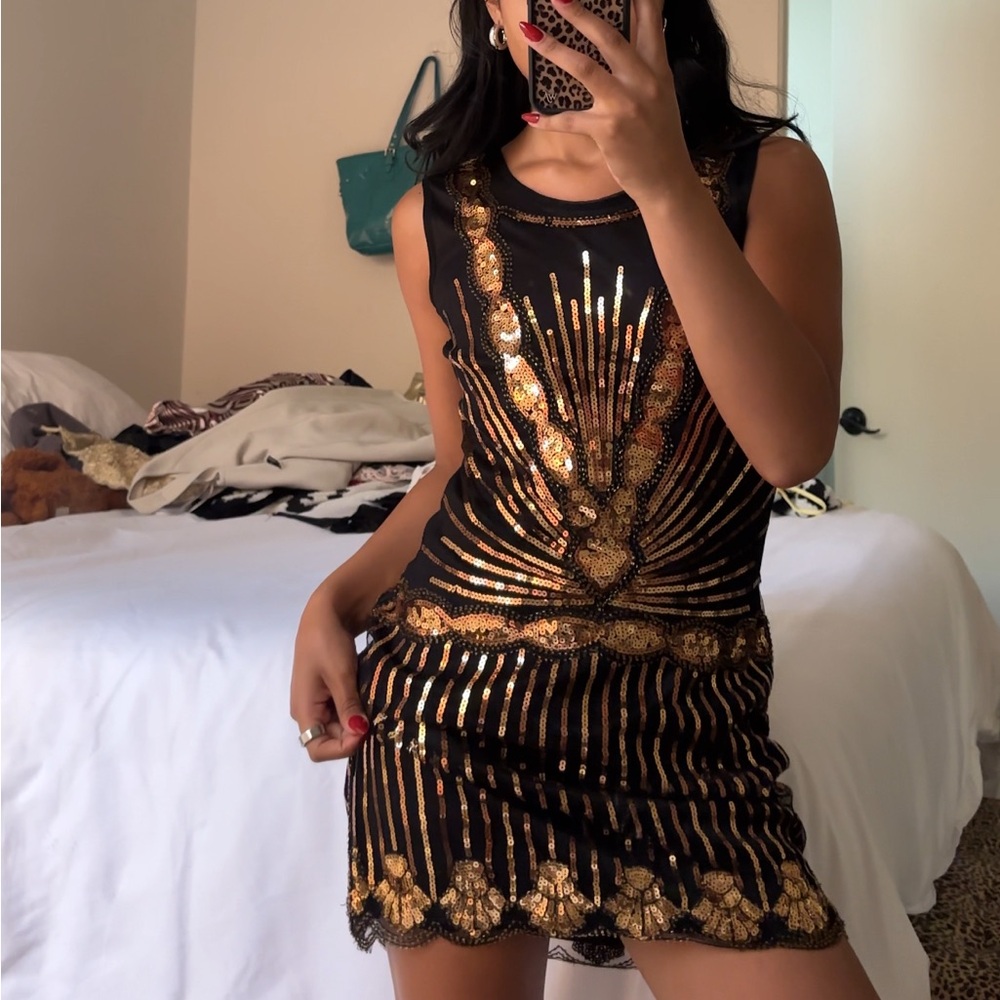 Zeagoo Black Dress with Gold Sequins